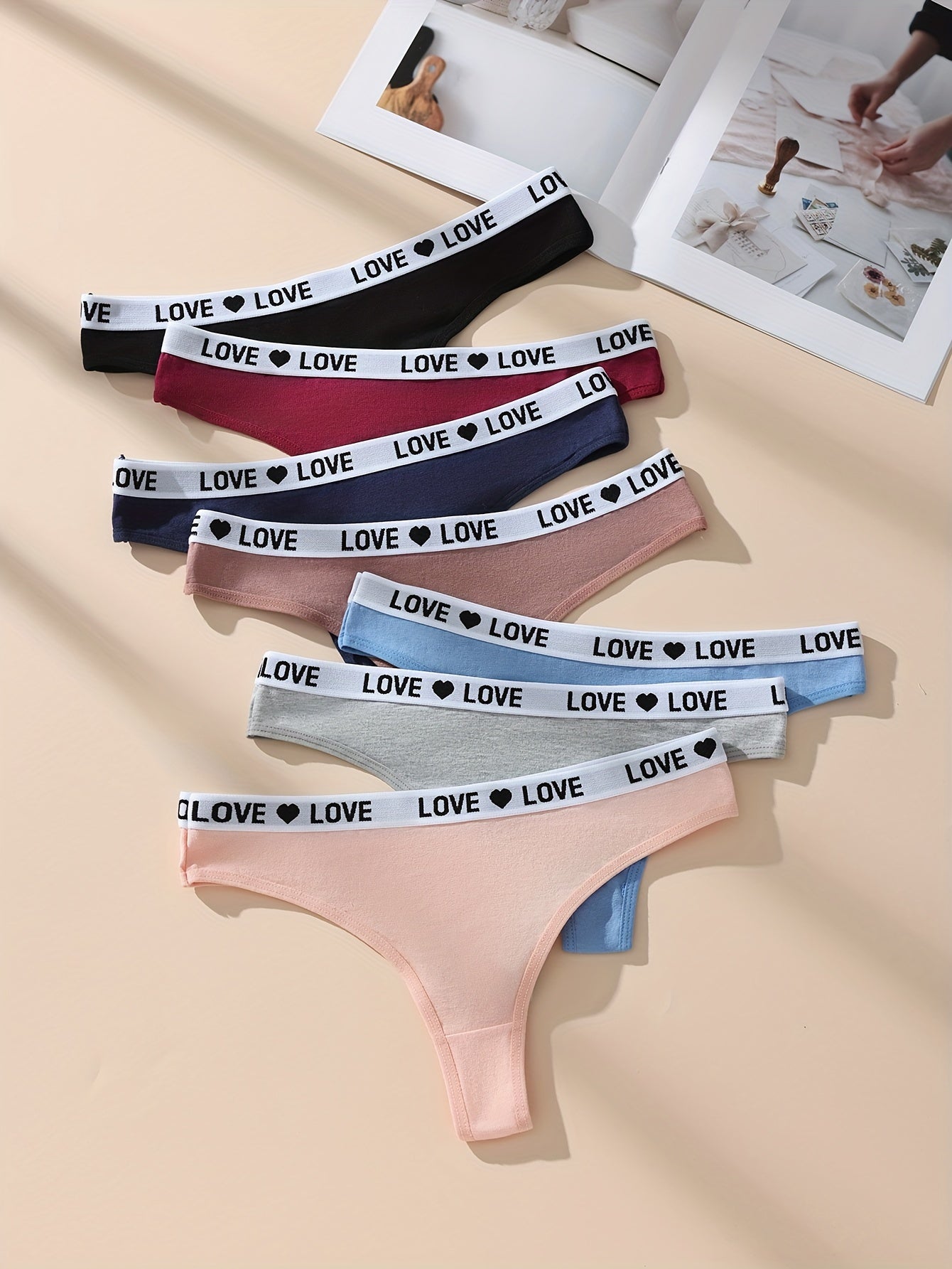 7pcs Letter Print Cotton Thongs, Sexy Comfy Breathable Stretchy Intimates Panties, Women's Lingerie & Underwear