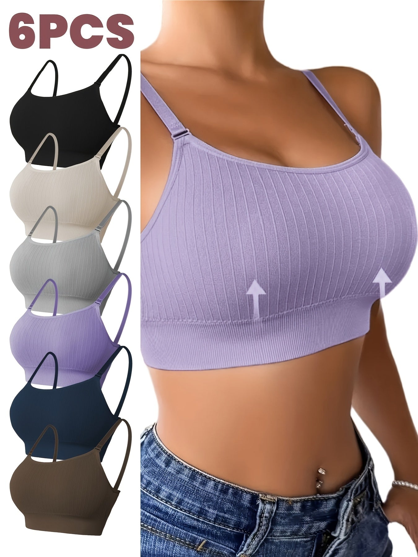 Breathable 6pcs Seamless Sports Bras with Adjustable Straps - Wire-Free Support for Yoga & Fitness - Removable Pads