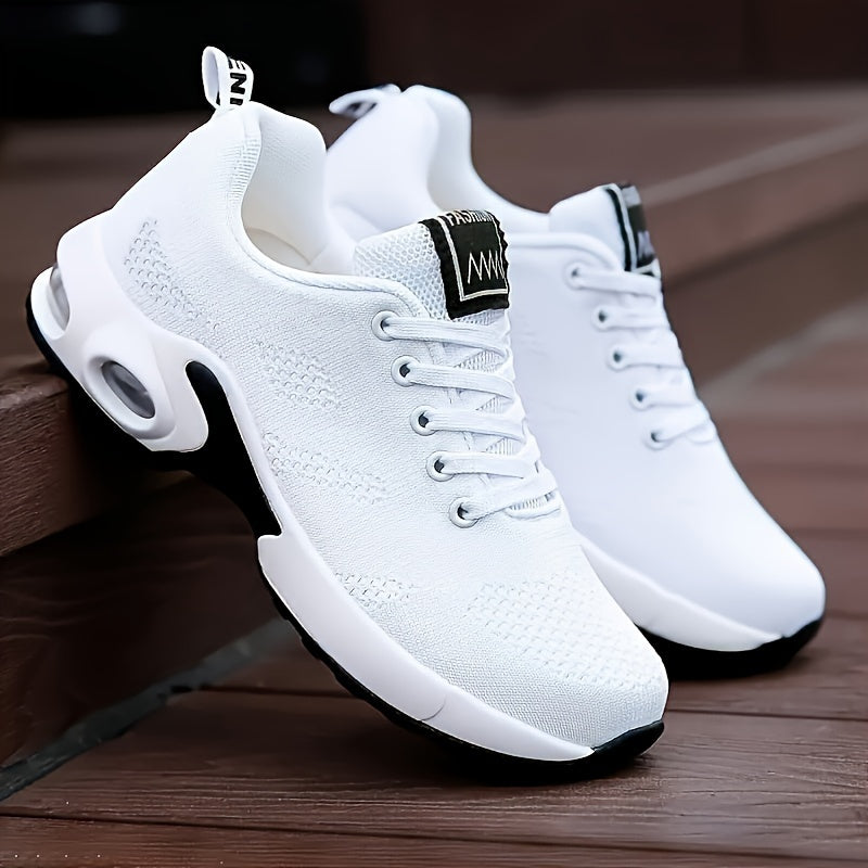Women's White Breathable Sneakers - Low-Top Casual Sports Shoes with Air Cushion Sole, Shock-Absorbing Platform for Running
