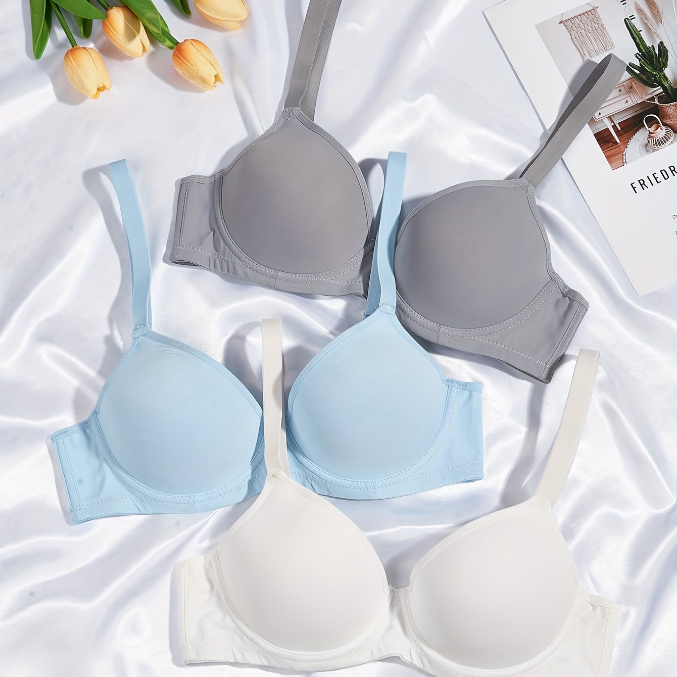 3pcs Simple Solid T-Shirt Bras, Comfy & Breathable Push Up Bra, Women's Lingerie & Underwear