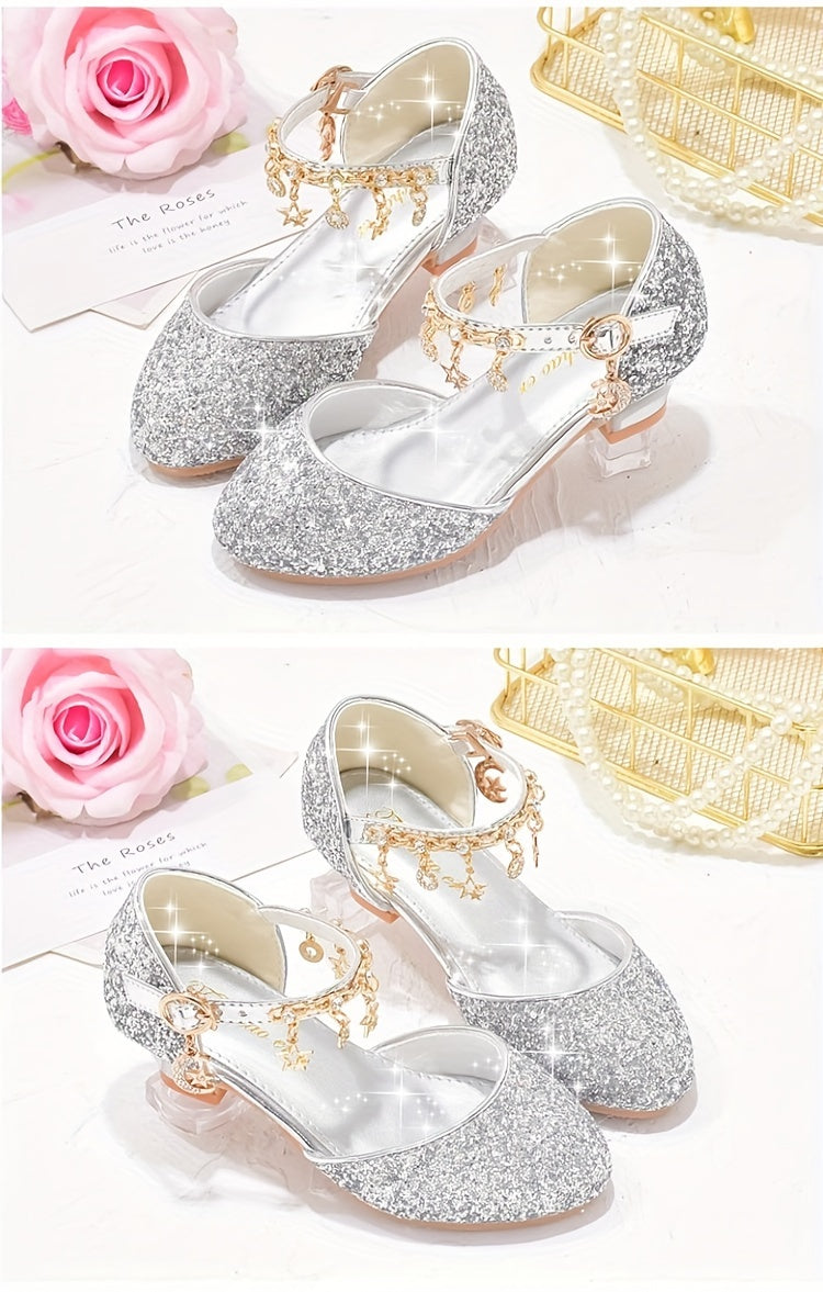 Sparkling Princess High Heels for Girls - Glittery Golden Sequin & Rhinestone Star Design, Elegant Ankle Suspender Dress Shoes for Weddings, Performances & Formal Events, Spring/Summer/Fall, Wedding Princess Shoes | Cute Fash