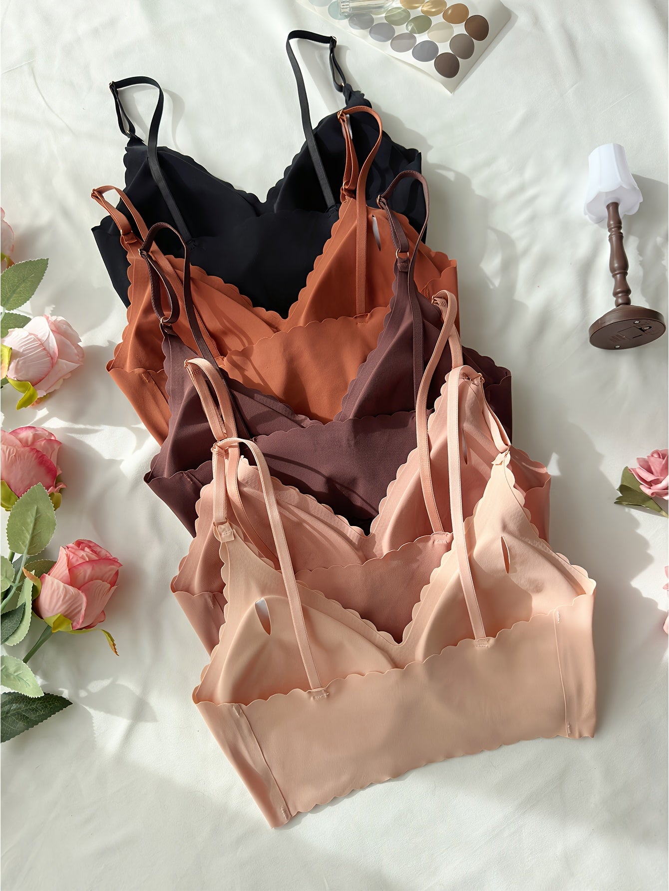 5 Pcs Elegant Solid Bras, Scallop Trim Adjustable Strap Seamless T-shirt Bra, Women's Lingerie & Underwear