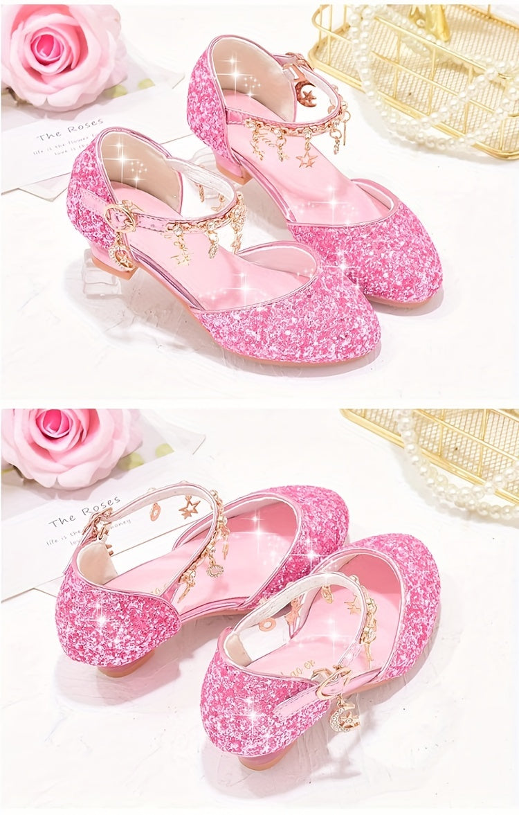 Sparkling Princess High Heels for Girls - Glittery Golden Sequin & Rhinestone Star Design, Elegant Ankle Suspender Dress Shoes for Weddings, Performances & Formal Events, Spring/Summer/Fall, Wedding Princess Shoes | Cute Fash