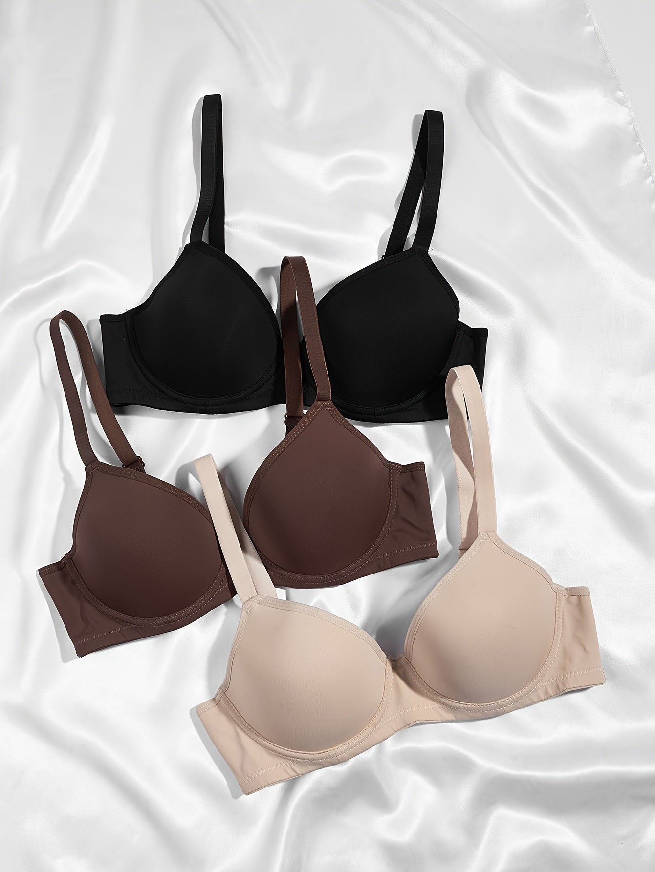 3pcs Simple Solid T-Shirt Bras, Comfy & Breathable Push Up Bra, Women's Lingerie & Underwear