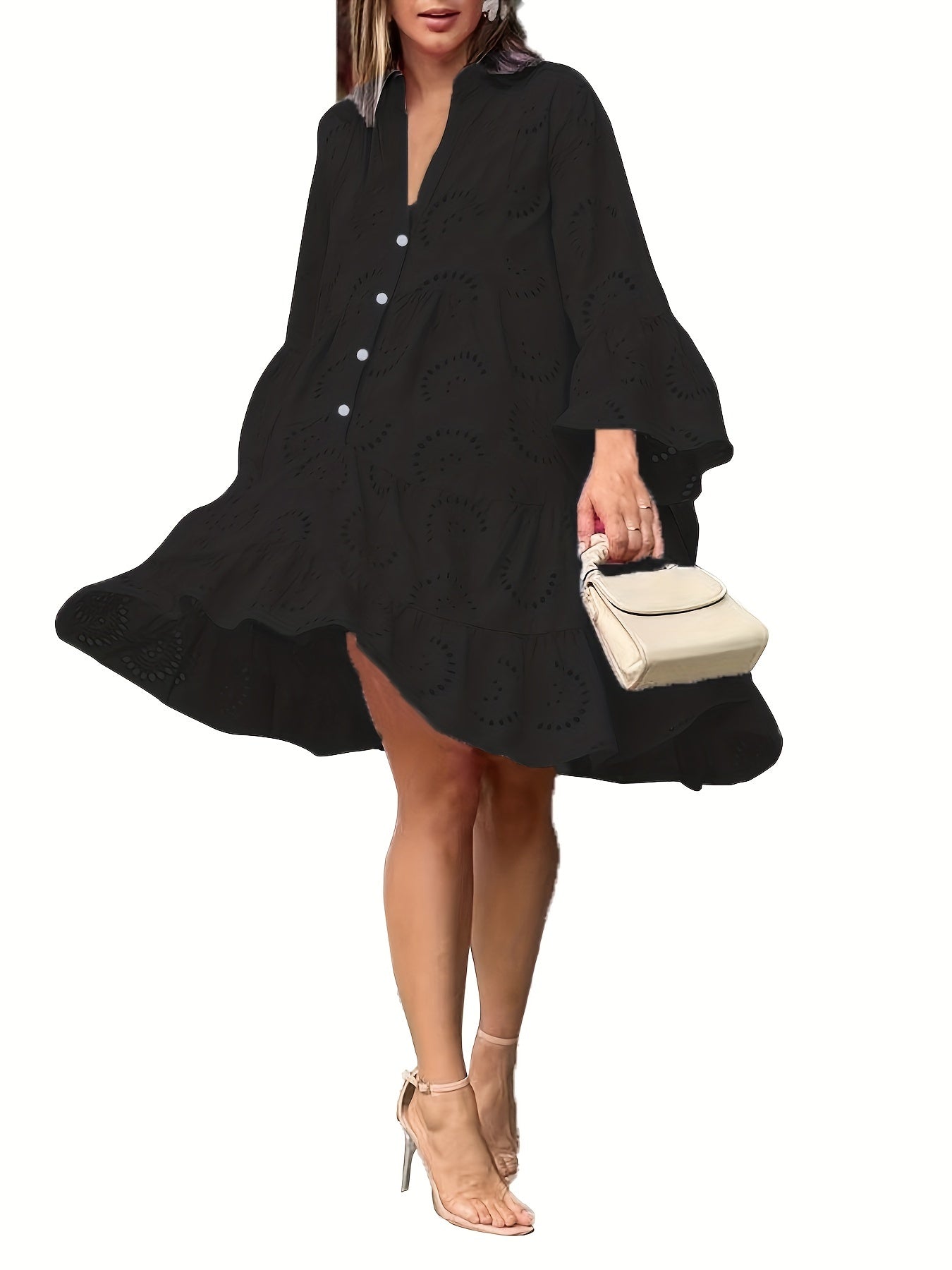 Elegant Green V-Neck Shift Dress with Embroidered Bell Sleeves - Lightweight, Loose Fit, Knee-Length with Button Closure and Eyelet Details, Perfect for All Seasons