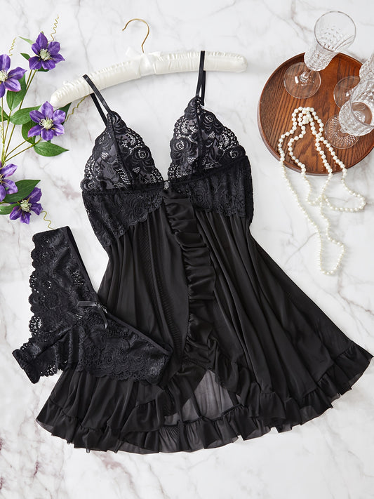 Luxurious Lace Ruffle Lingerie Set - Seductive Deep V Slip Dress & Thong - Womens Intimate Apparel for Irresistible Glamour
