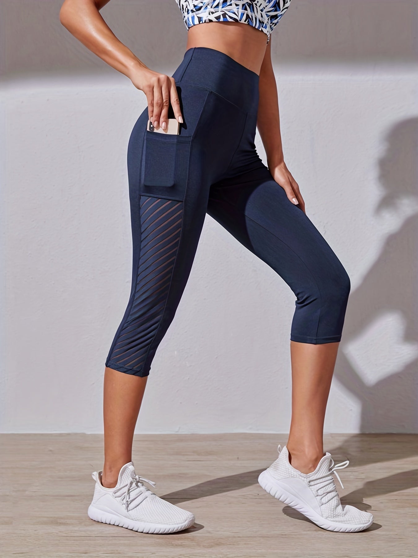 Wide Waistband Tummy Control Hip Lifting Sports Capri Pants, High Waist Stitching Mesh Capri Leggings - Nylon & Spandex Blend - For Women - Perfect for Yoga, Running & Fitness - Ideal Gift for Active Women