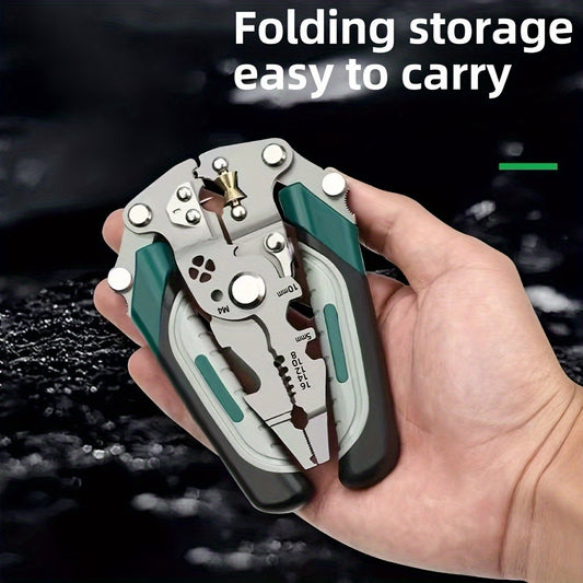 Versatile 9-in-1 Folding Wire Stripping Pliers - Industrial-Grade, Chrome Vanadium Steel with Collapsible Design for Easy Storage | Features Crimping, Clamping, Twisting, Nail Pulling, Screwdriver, Cutting, Wrench Functions |