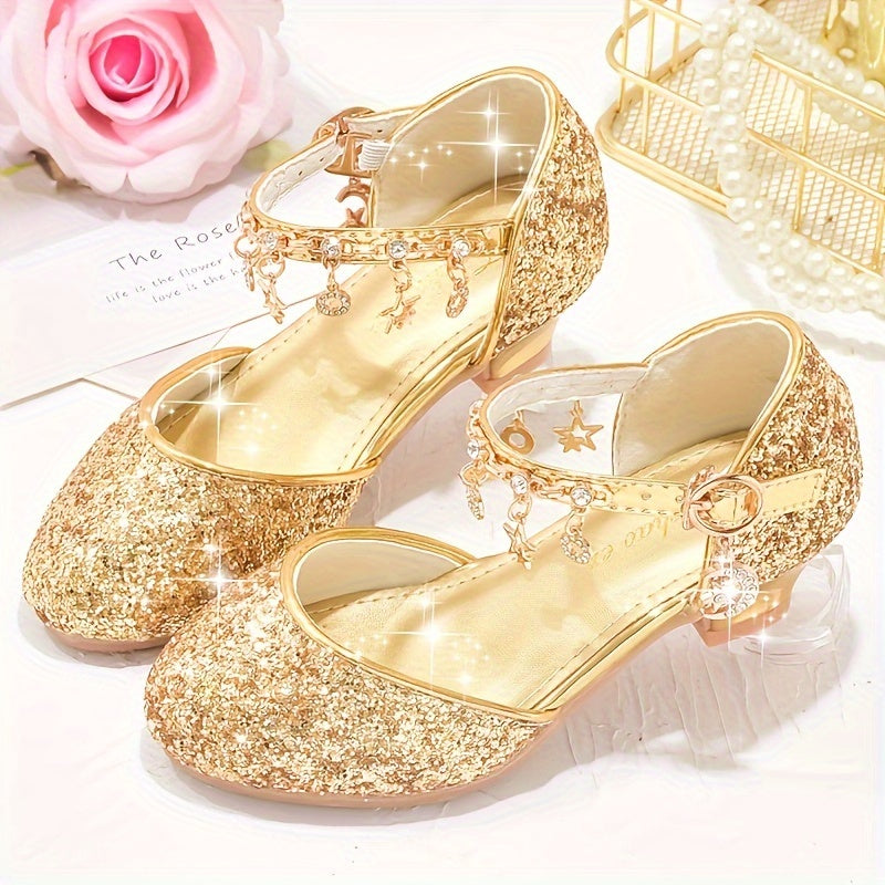 Sparkling Princess High Heels for Girls - Glittery Golden Sequin & Rhinestone Star Design, Elegant Ankle Suspender Dress Shoes for Weddings, Performances & Formal Events, Spring/Summer/Fall, Wedding Princess Shoes | Cute Fash