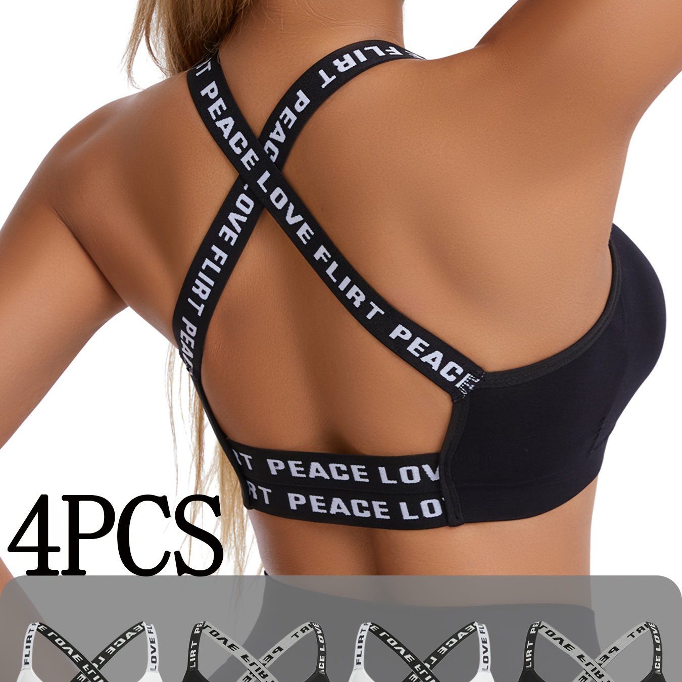 Comfortable And Breathable Set of 4 Lettered Sports Bras, Sleeveless Round Neck Activewear - Shockproof Running And Yoga Sports Underwear, Padded Wireless Women's Lingerie And Multi-Pack Sports Bras