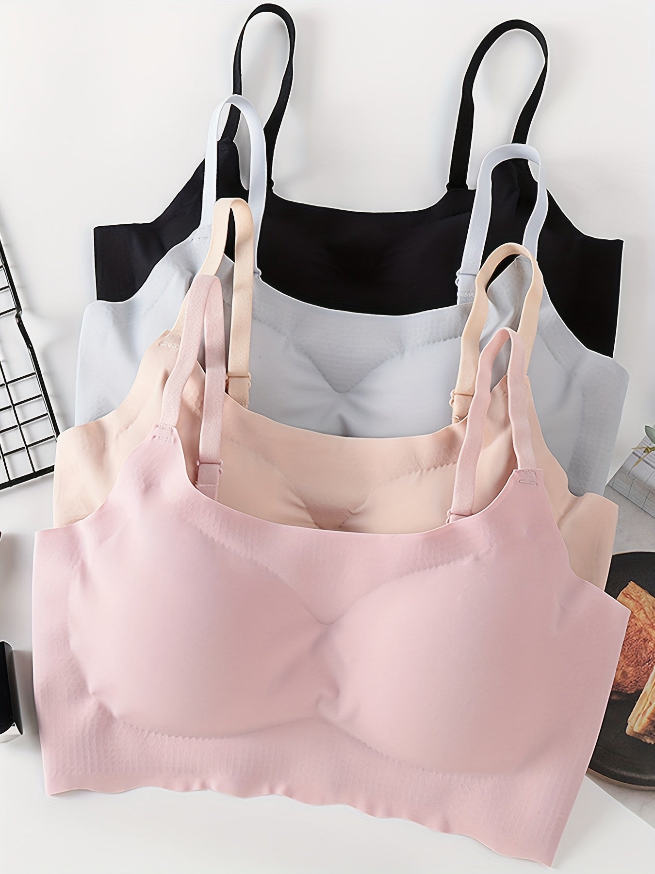 4pcs Seamless Solid Comfortable Bralettes, Adjustable Straps Wireless Intimates Bra for Women's Lingerie & Underwear