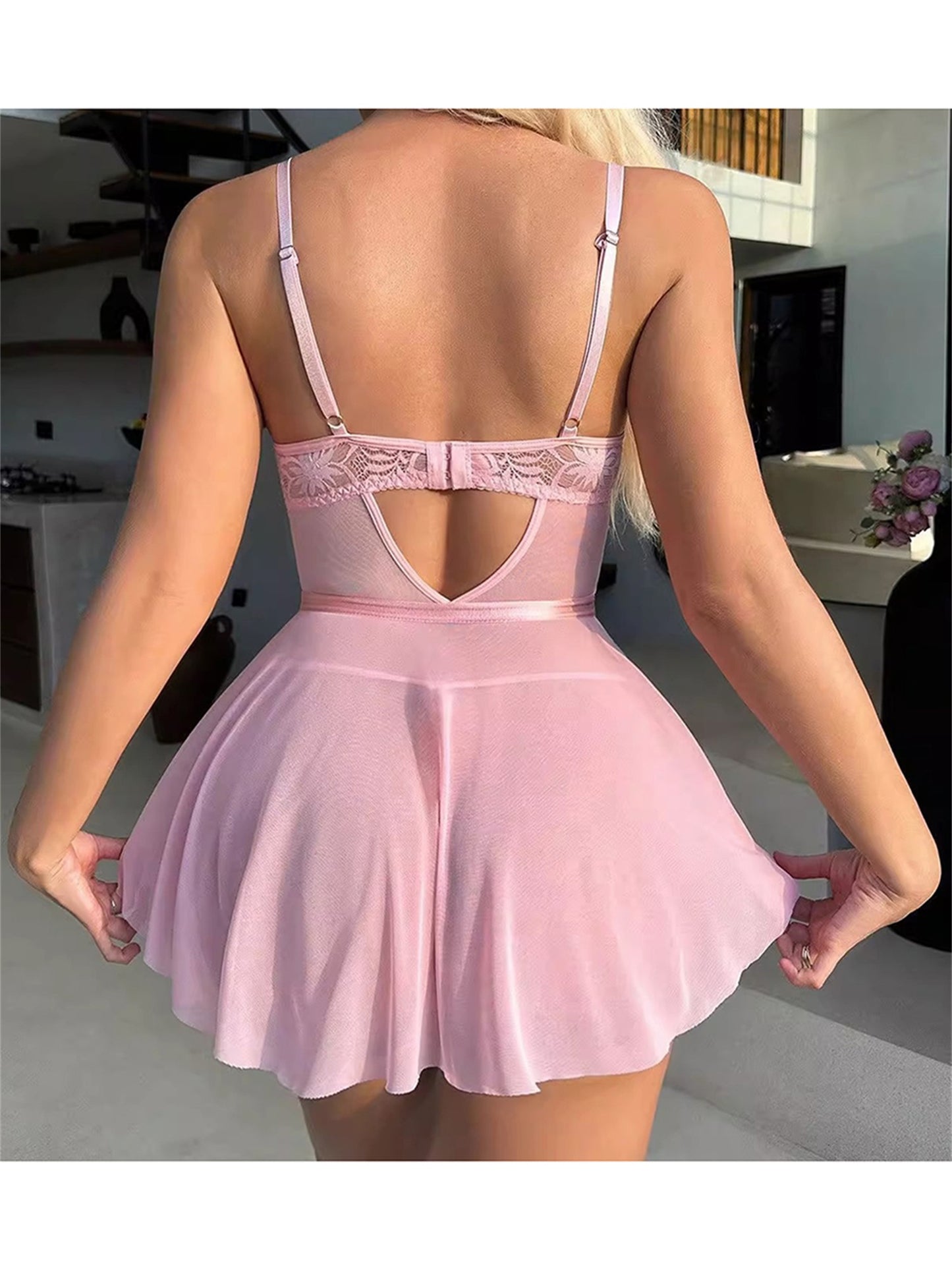 Women Lingerie Chemise Nightdress Lace See-Through Sleeveless Cami Dress Nightgown Sleepwear Slips Nightie with Thong