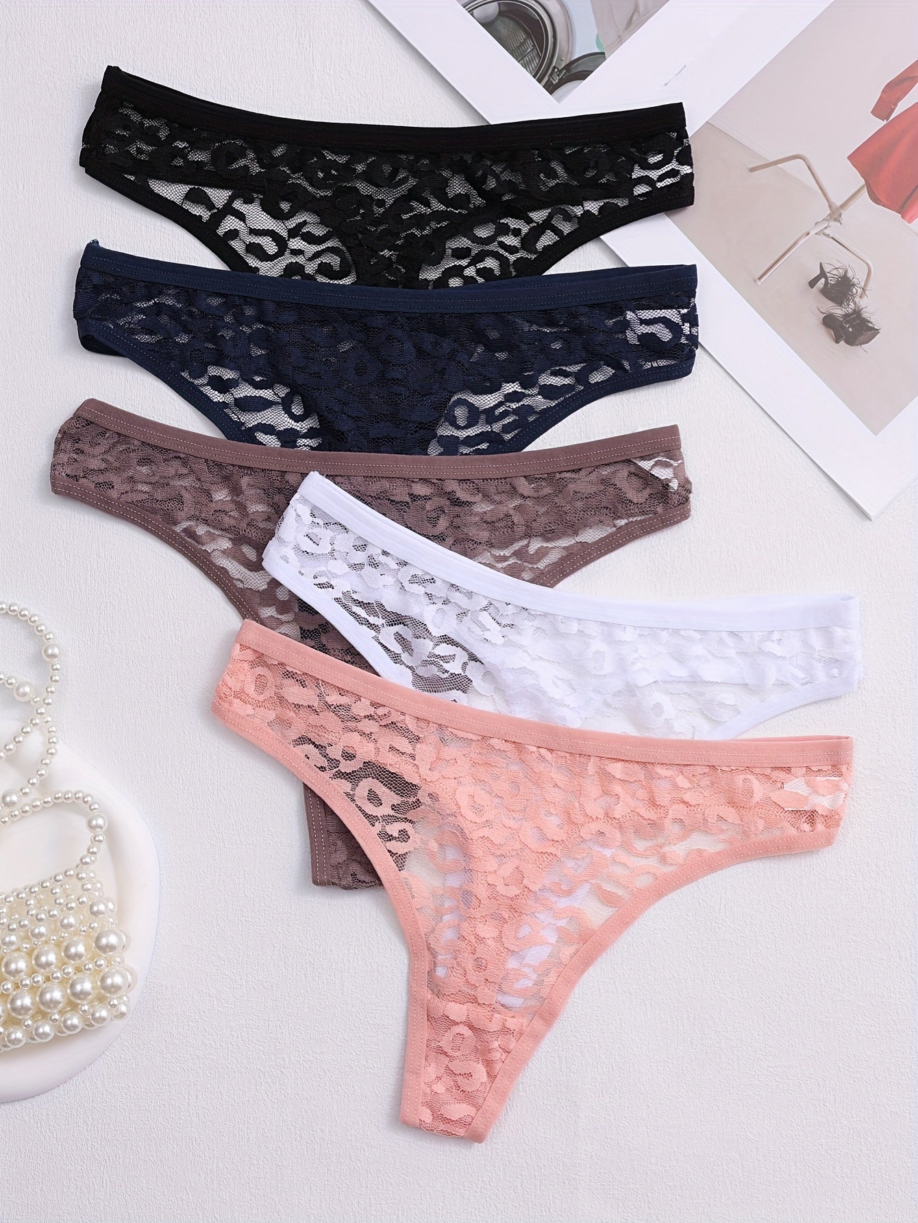 5pcs Solid Floral Lace Semi Sheer Thongs, Sexy Comfy Breathable Stretchy Intimates Panties, Women's Lingerie & Underwear