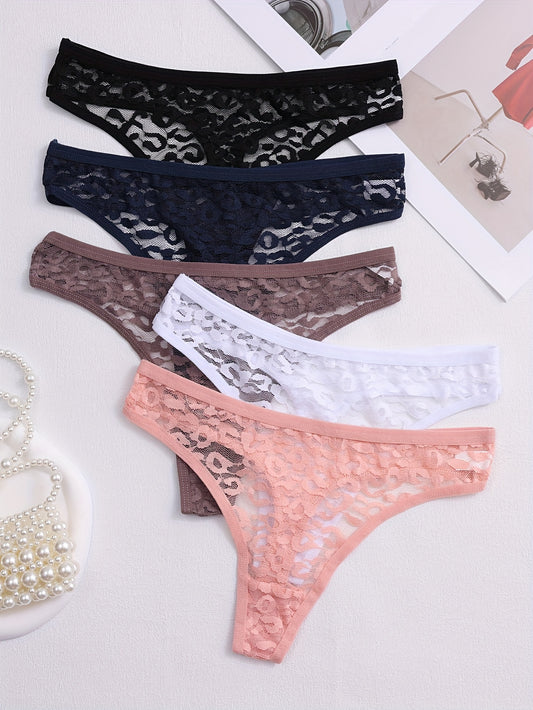 5pcs Solid Floral Lace Semi Sheer Thongs, Sexy Comfy Breathable Stretchy Intimates Panties, Women's Lingerie & Underwear