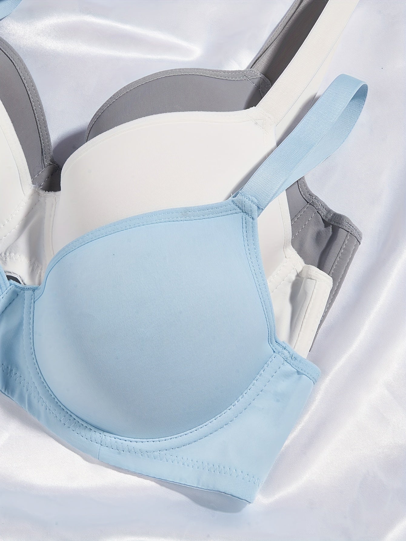 3pcs Simple Solid T-Shirt Bras, Comfy & Breathable Push Up Bra, Women's Lingerie & Underwear