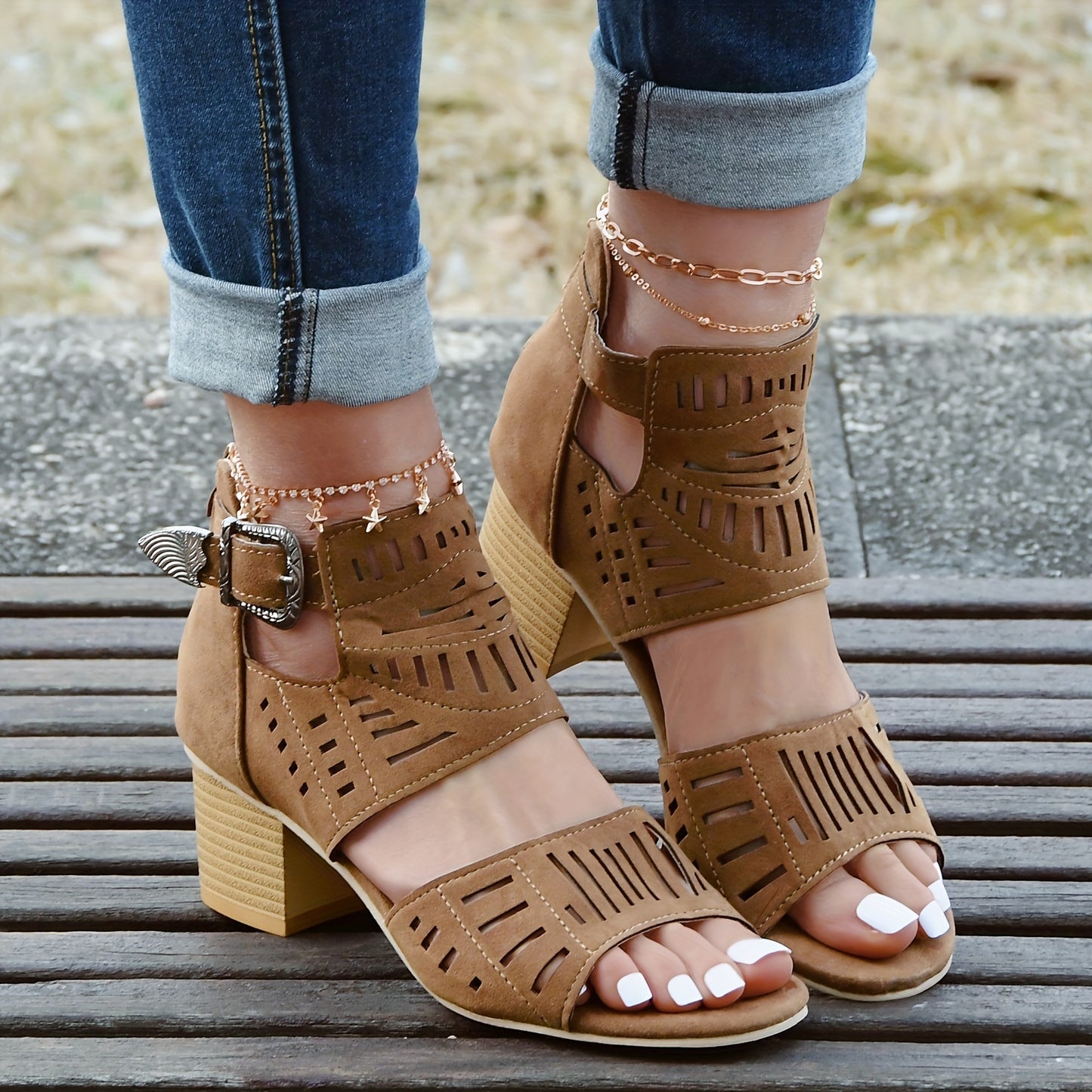 Women's Hollow Out High Heels, Fashion Peep Toe Buckle Strap Block Heels, Back Zipper Design Sandals