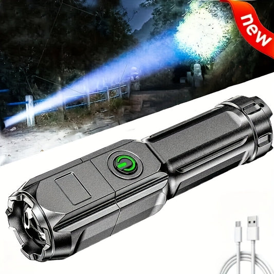 1pc Tactical Zoomable Flashlight - Rechargeable 800mAh Battery, Portable Multi-Functional Outdoor Light with Textured Grip & Dual Power Source (Battery/USB) for Home, Camping, and Emergency Use, Rechargeable Flashlight