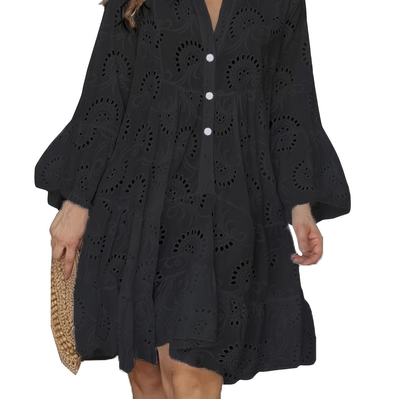 Elegant Green V-Neck Shift Dress with Embroidered Bell Sleeves - Lightweight, Loose Fit, Knee-Length with Button Closure and Eyelet Details, Perfect for All Seasons