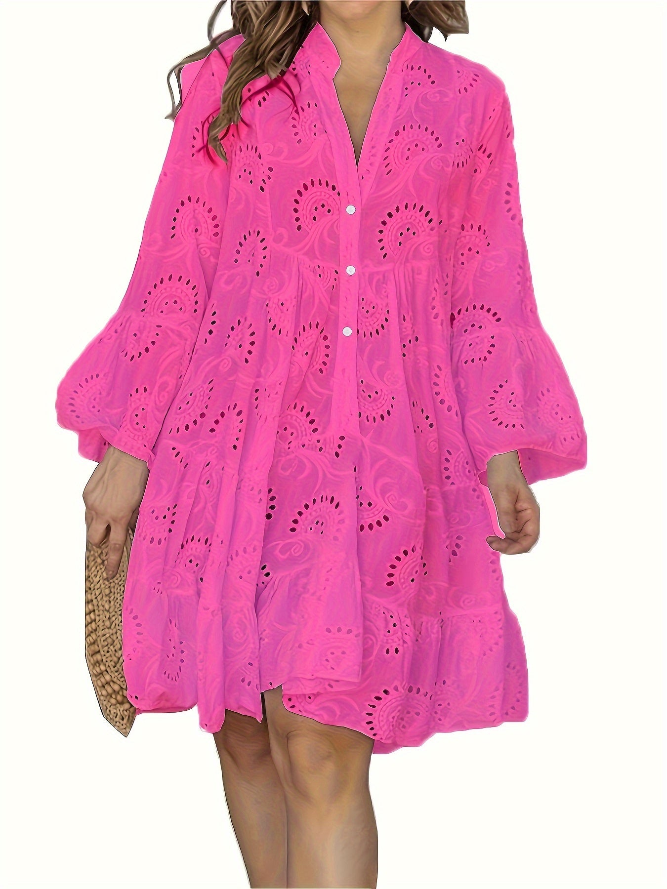 Elegant Green V-Neck Shift Dress with Embroidered Bell Sleeves - Lightweight, Loose Fit, Knee-Length with Button Closure and Eyelet Details, Perfect for All Seasons