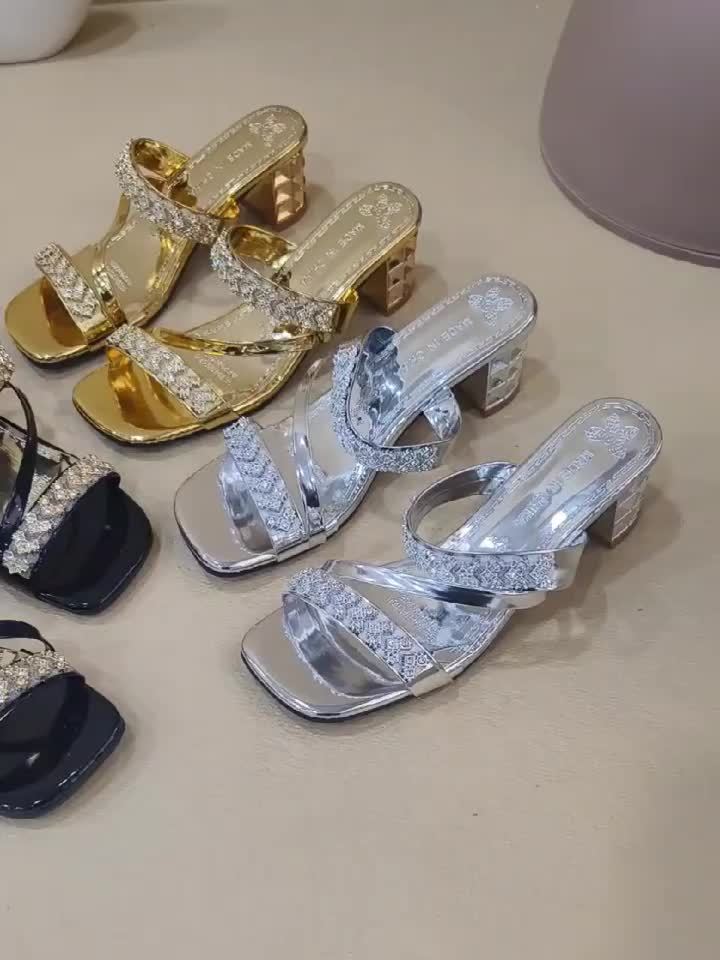 Women's Rhinestone-Embellished Golden Open-Toe Sandals - Stylish Faux Cover Mid-Block Heels with Studded Sole for Summer Comfort and Glamour