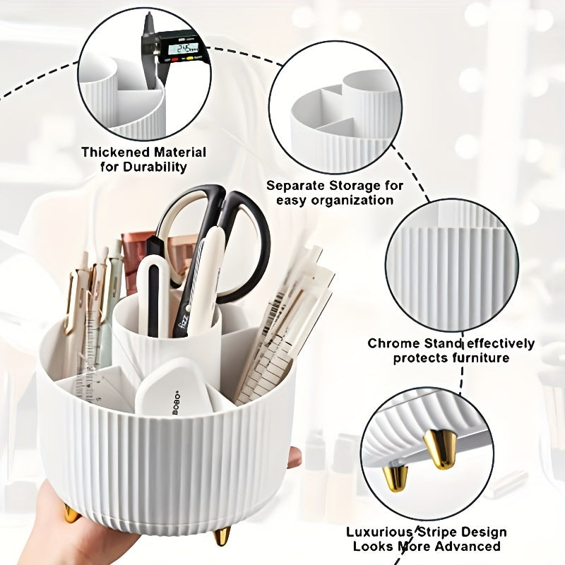Durable 360° Rotating Makeup Organizer - 1pc Plastic Multi-Functional Holder - 5 Compartments for Brushes, Lipsticks, Skin Care Products, and Stationery with Luxury Stripe Design