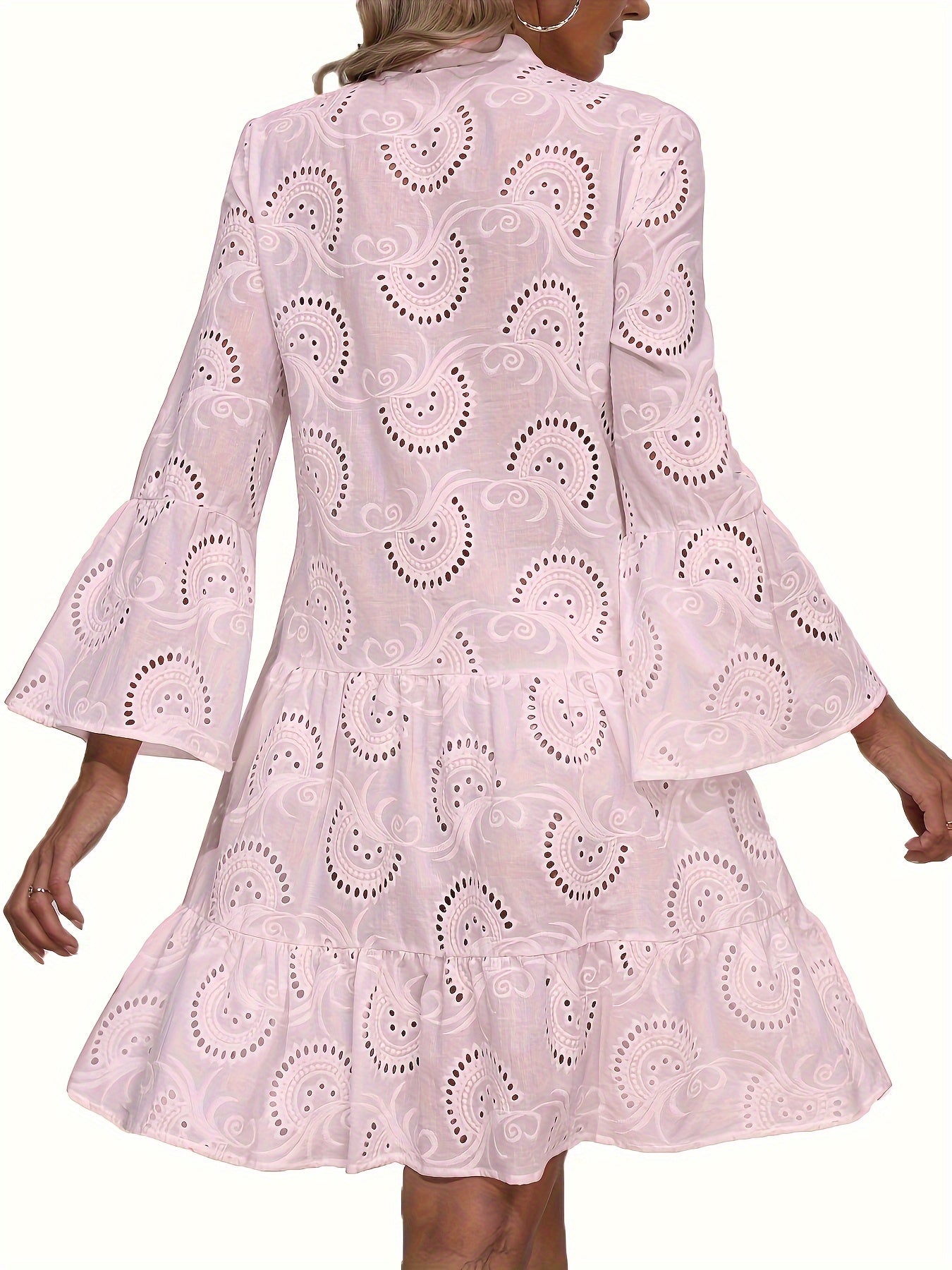 Elegant Green V-Neck Shift Dress with Embroidered Bell Sleeves - Lightweight, Loose Fit, Knee-Length with Button Closure and Eyelet Details, Perfect for All Seasons