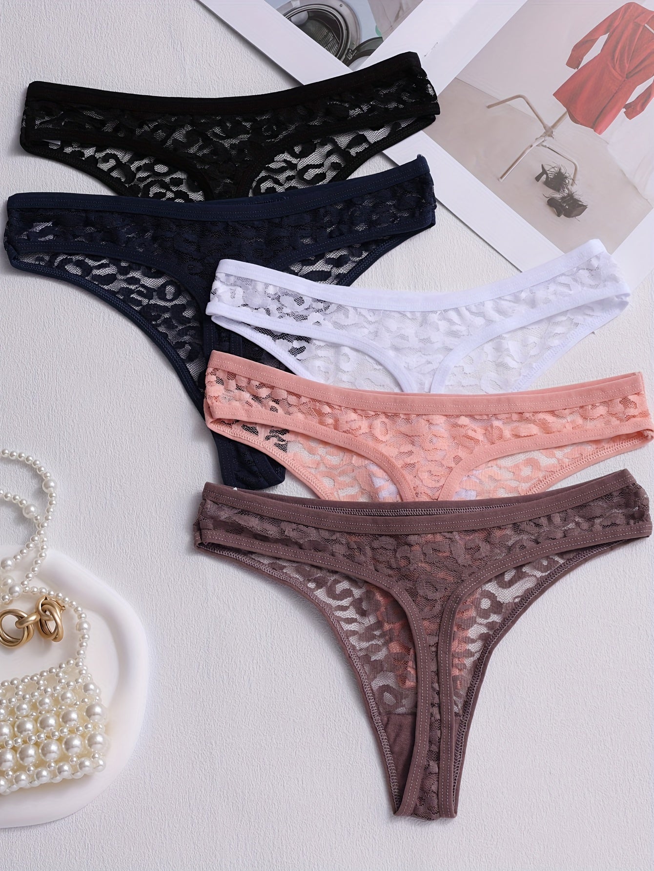 5pcs Solid Floral Lace Semi Sheer Thongs, Sexy Comfy Breathable Stretchy Intimates Panties, Women's Lingerie & Underwear