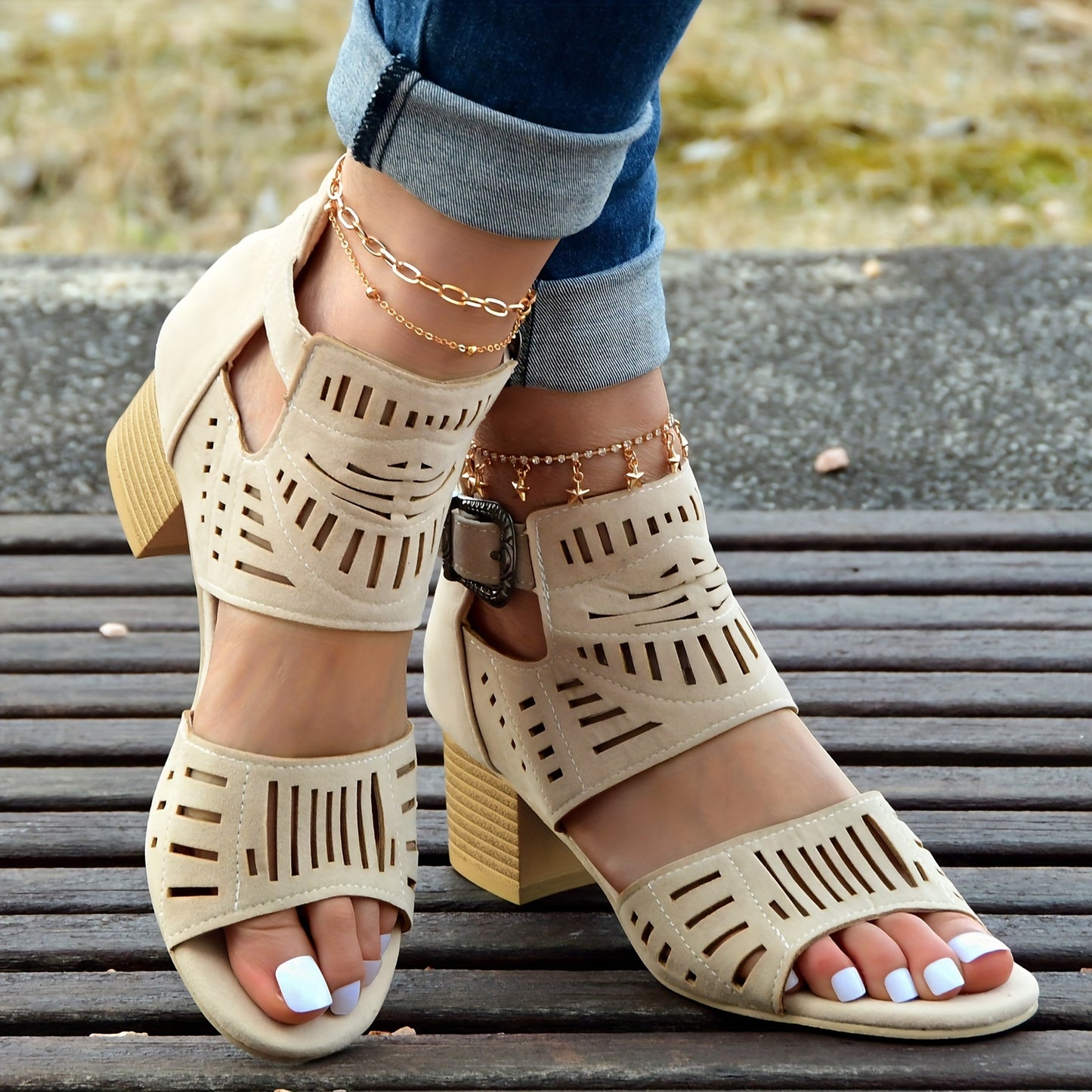 Women's Hollow Out High Heels, Fashion Peep Toe Buckle Strap Block Heels, Back Zipper Design Sandals