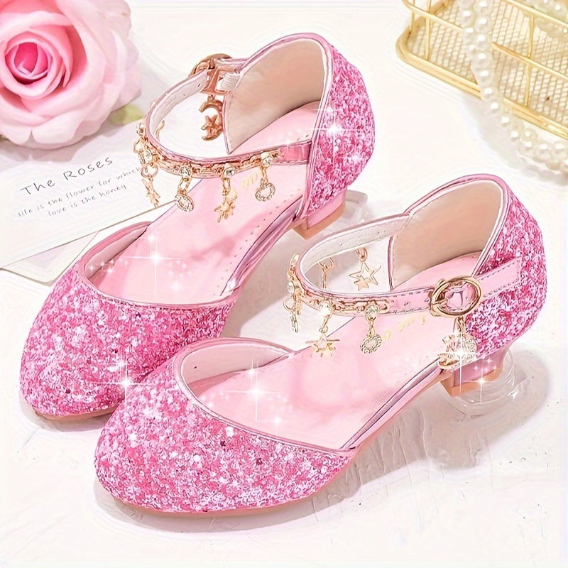 Sparkling Princess High Heels for Girls - Glittery Golden Sequin & Rhinestone Star Design, Elegant Ankle Suspender Dress Shoes for Weddings, Performances & Formal Events, Spring/Summer/Fall, Wedding Princess Shoes | Cute Fash