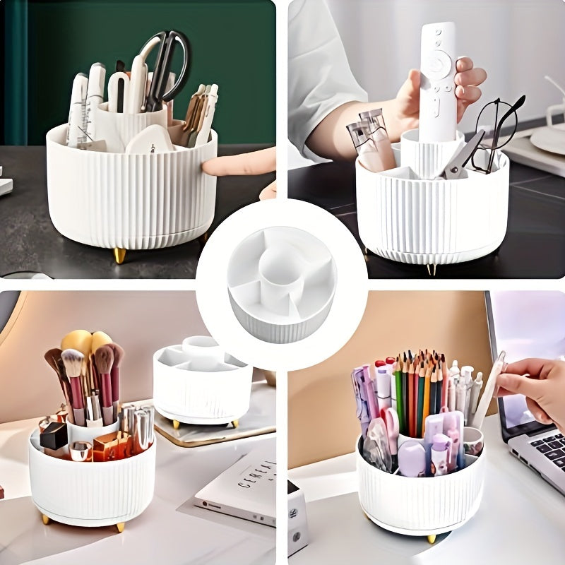 Durable 360° Rotating Makeup Organizer - 1pc Plastic Multi-Functional Holder - 5 Compartments for Brushes, Lipsticks, Skin Care Products, and Stationery with Luxury Stripe Design