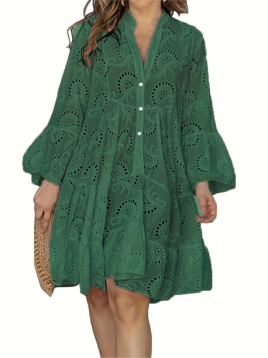 Elegant Green V-Neck Shift Dress with Embroidered Bell Sleeves - Lightweight, Loose Fit, Knee-Length with Button Closure and Eyelet Details, Perfect for All Seasons