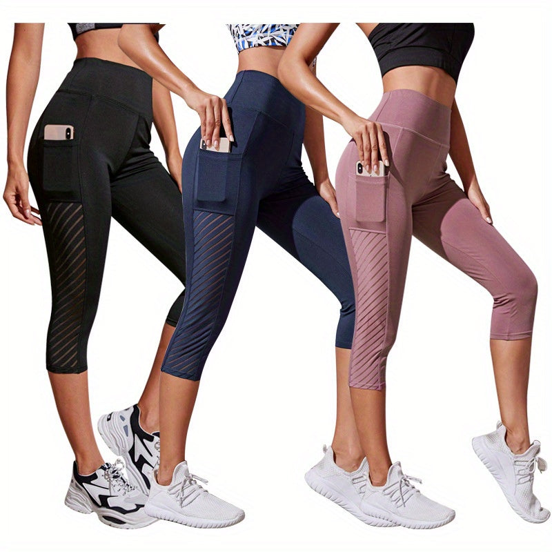 Wide Waistband Tummy Control Hip Lifting Sports Capri Pants, High Waist Stitching Mesh Capri Leggings - Nylon & Spandex Blend - For Women - Perfect for Yoga, Running & Fitness - Ideal Gift for Active Women