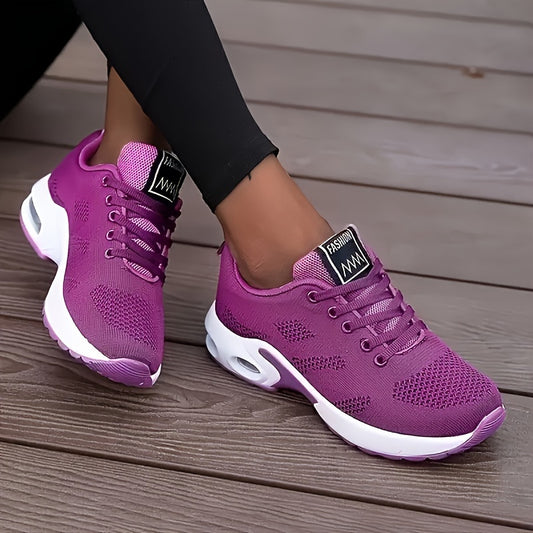 Women's White Breathable Sneakers - Low-Top Casual Sports Shoes with Air Cushion Sole, Shock-Absorbing Platform for Running
