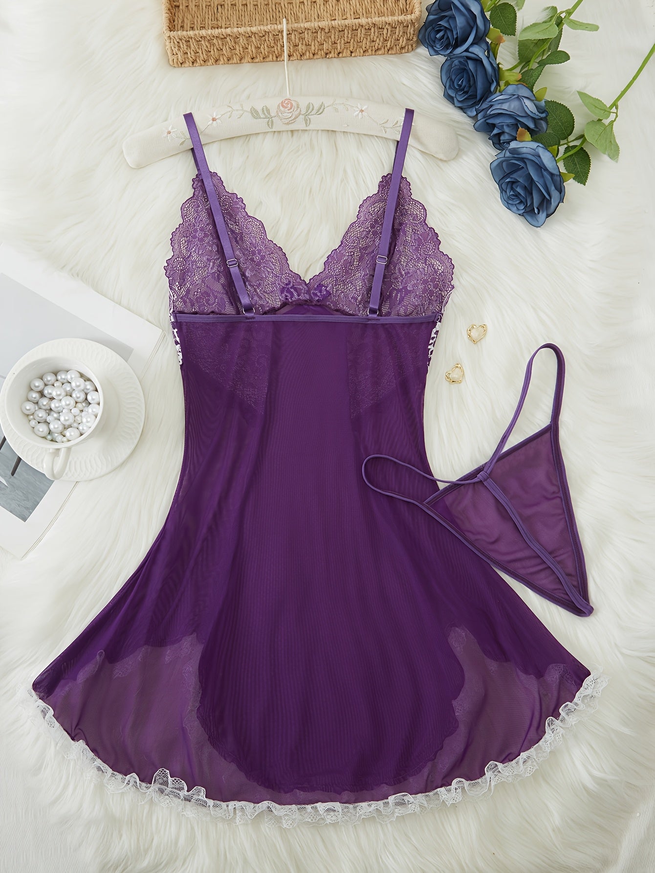 Sexy Babydoll for Women Spaghetti Strap Lace Sheer Chemise Lingerie V Neck Slip Dress Clothing Clothing with G-String Set