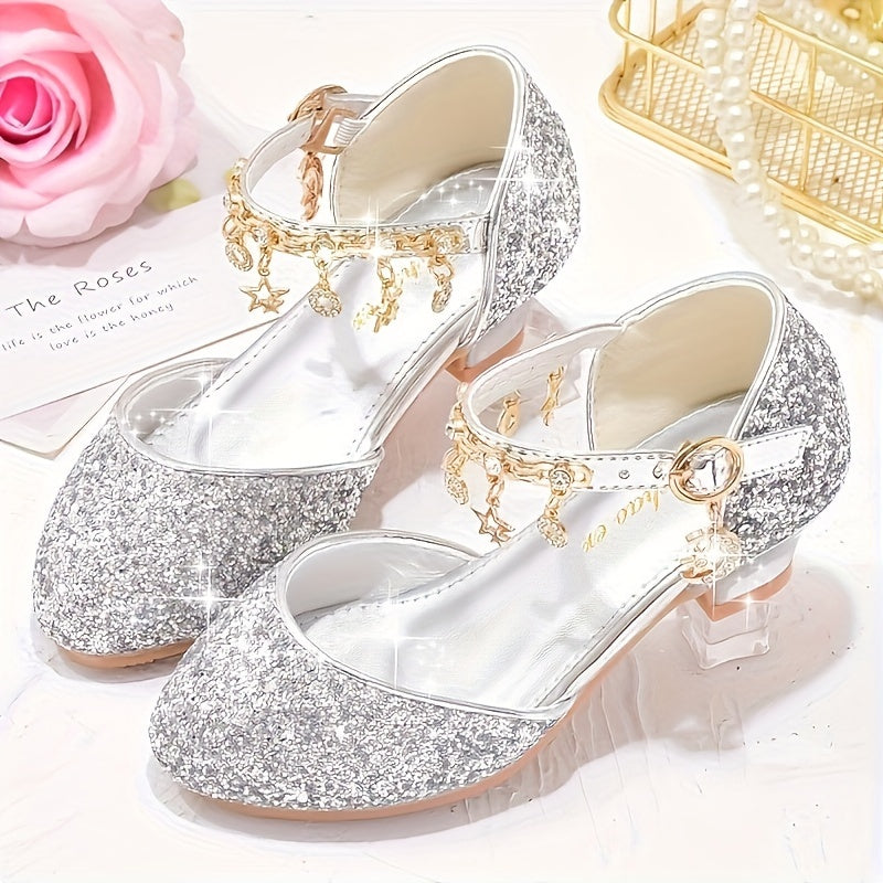 Sparkling Princess High Heels for Girls - Glittery Golden Sequin & Rhinestone Star Design, Elegant Ankle Suspender Dress Shoes for Weddings, Performances & Formal Events, Spring/Summer/Fall, Wedding Princess Shoes | Cute Fash