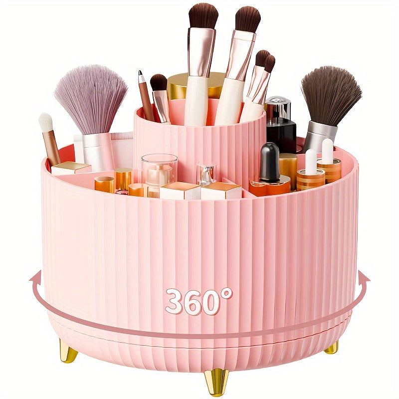 Durable 360° Rotating Makeup Organizer - 1pc Plastic Multi-Functional Holder - 5 Compartments for Brushes, Lipsticks, Skin Care Products, and Stationery with Luxury Stripe Design
