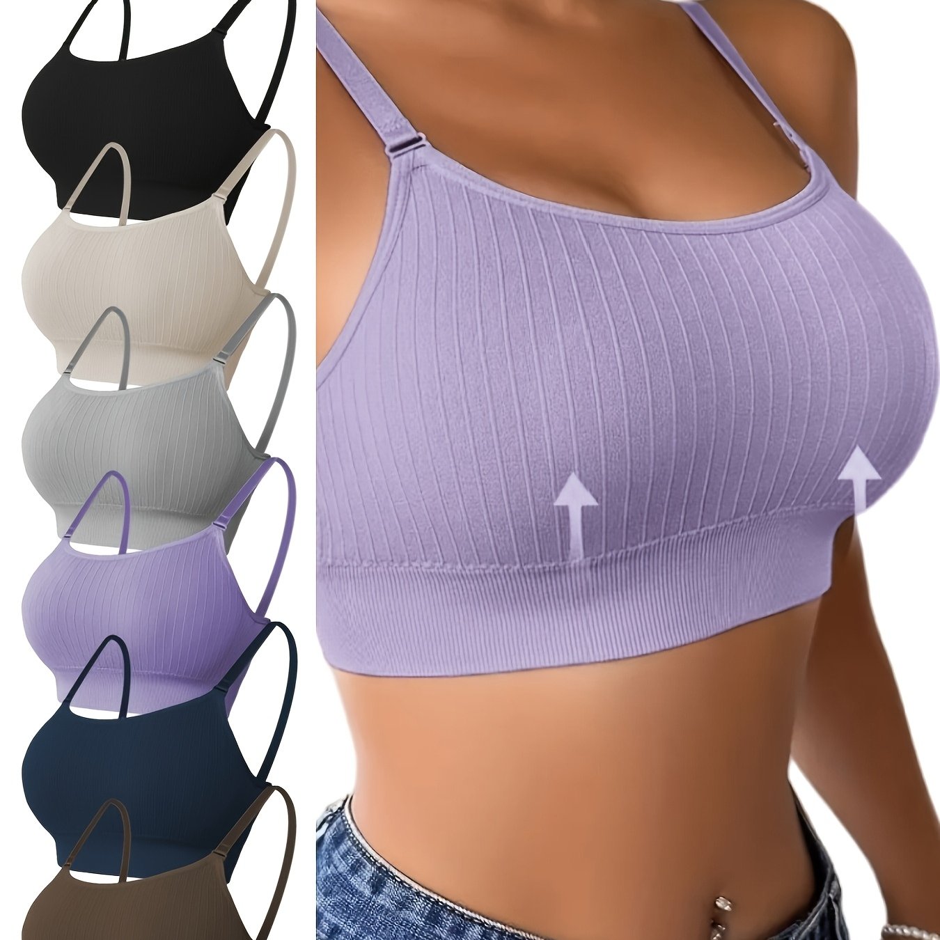 Breathable 6pcs Seamless Sports Bras with Adjustable Straps - Wire-Free Support for Yoga & Fitness - Removable Pads