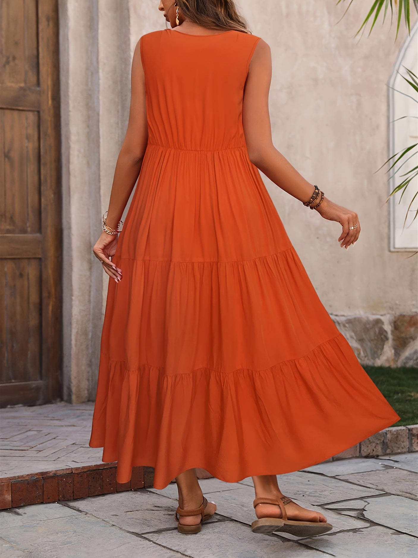 Loose V Neck Ruffle Hem Dress, Casual Sleeveless Dress For Spring & Summer, Women's Clothing