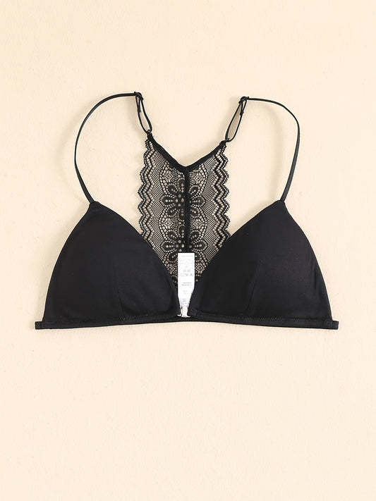 Triangle Cups Front Buckle Bras, Lace Stitching Beauty Back Bra With Removable Pads, Women's Lingerie & Underwear