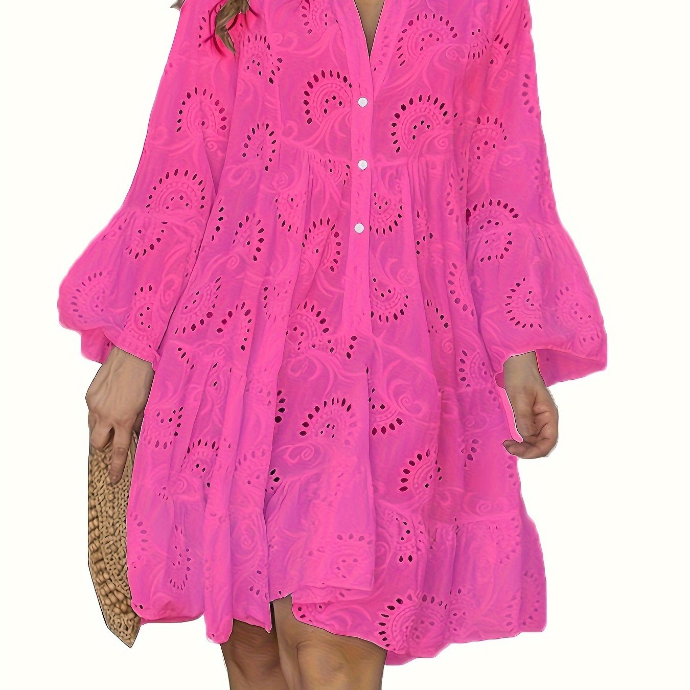 Elegant Green V-Neck Shift Dress with Embroidered Bell Sleeves - Lightweight, Loose Fit, Knee-Length with Button Closure and Eyelet Details, Perfect for All Seasons