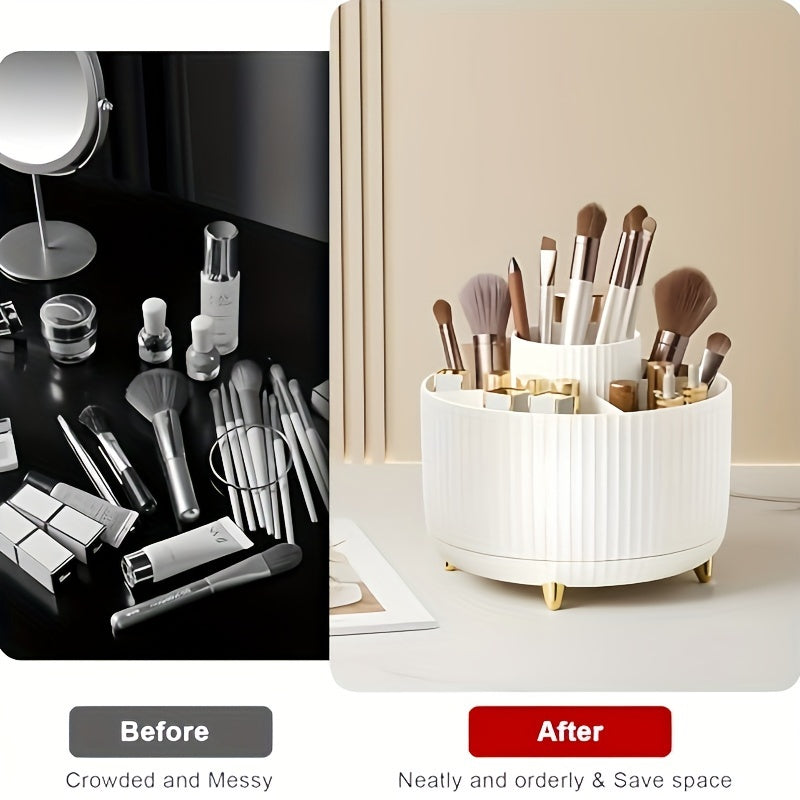 Durable 360° Rotating Makeup Organizer - 1pc Plastic Multi-Functional Holder - 5 Compartments for Brushes, Lipsticks, Skin Care Products, and Stationery with Luxury Stripe Design