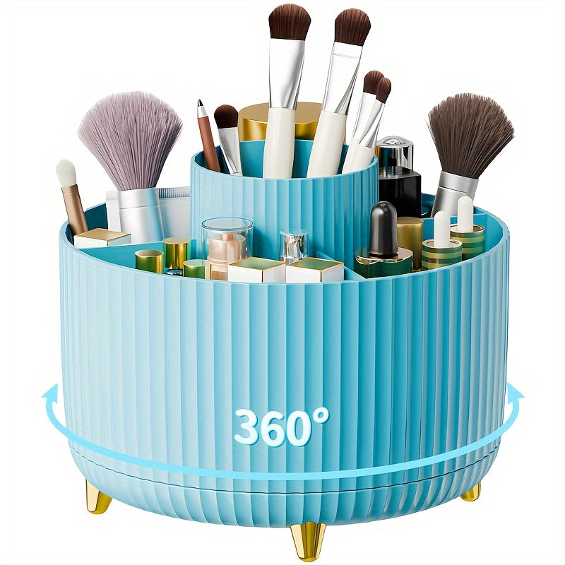 Durable 360° Rotating Makeup Organizer - 1pc Plastic Multi-Functional Holder - 5 Compartments for Brushes, Lipsticks, Skin Care Products, and Stationery with Luxury Stripe Design