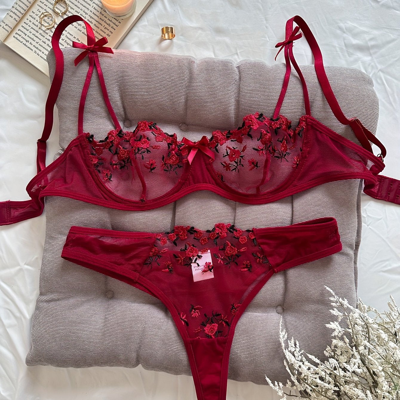 Sexy Floral Embroidery Lingerie Set - Women's Mesh Unlined Bra and Panty, Delicate Underwear for Romantic Nights - Soft, Breathable, and Comfortable