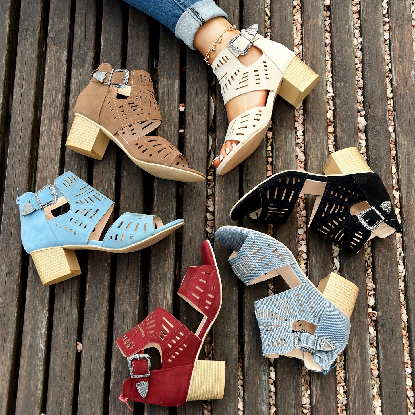 Women's Hollow Out High Heels, Fashion Peep Toe Buckle Strap Block Heels, Back Zipper Design Sandals