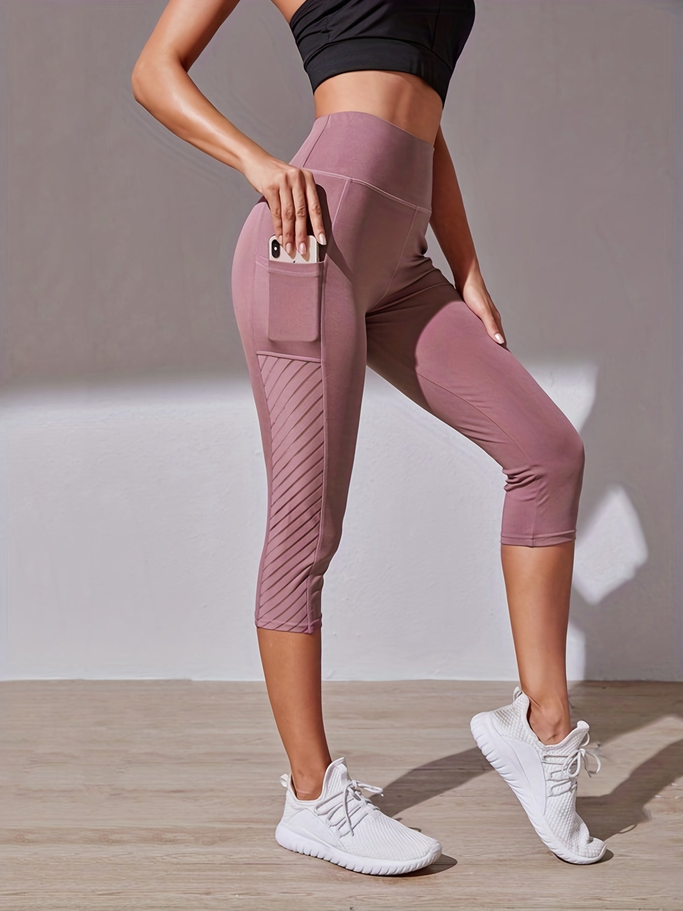 Wide Waistband Tummy Control Hip Lifting Sports Capri Pants, High Waist Stitching Mesh Capri Leggings - Nylon & Spandex Blend - For Women - Perfect for Yoga, Running & Fitness - Ideal Gift for Active Women