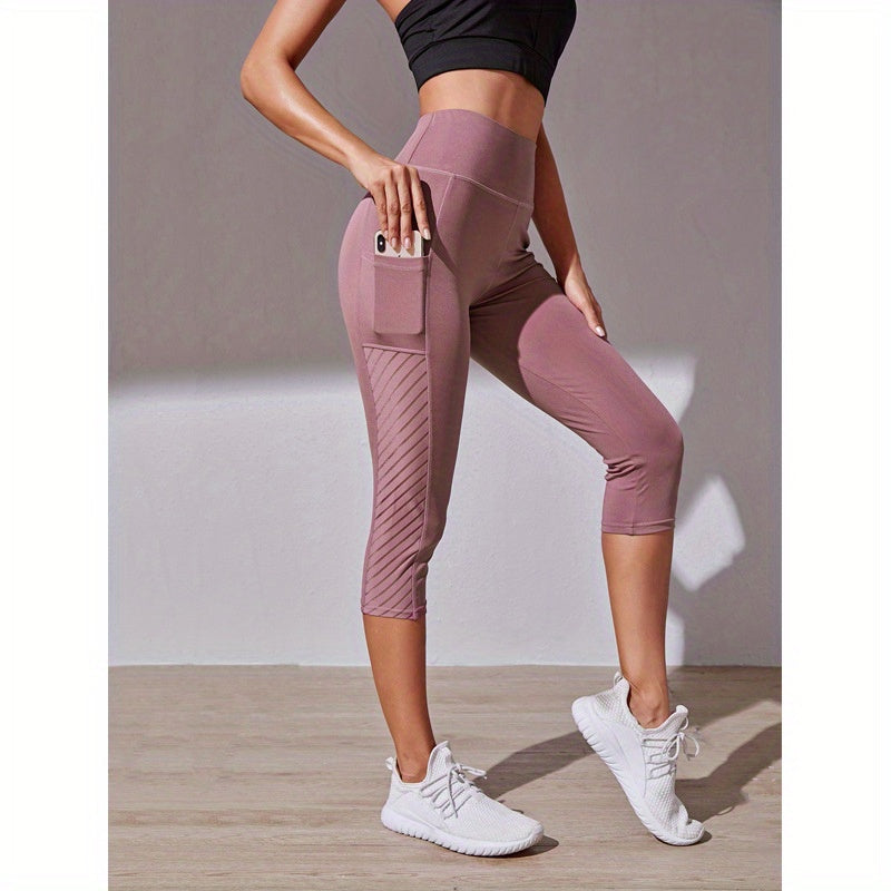 Wide Waistband Tummy Control Hip Lifting Sports Capri Pants, High Waist Stitching Mesh Capri Leggings - Nylon & Spandex Blend - For Women - Perfect for Yoga, Running & Fitness - Ideal Gift for Active Women