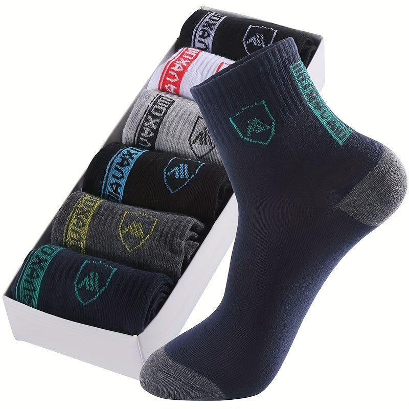 6pairs Men's Sweat Absorbing Embroidered Crest Athletic Socks, Ankle Socks