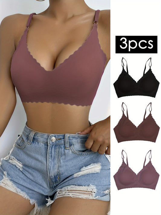 3pcs Wavy Trim Seamless Bralettes, Comfortable & Breathable Wireless Intimates Bras, Women's Lingerie & Underwear