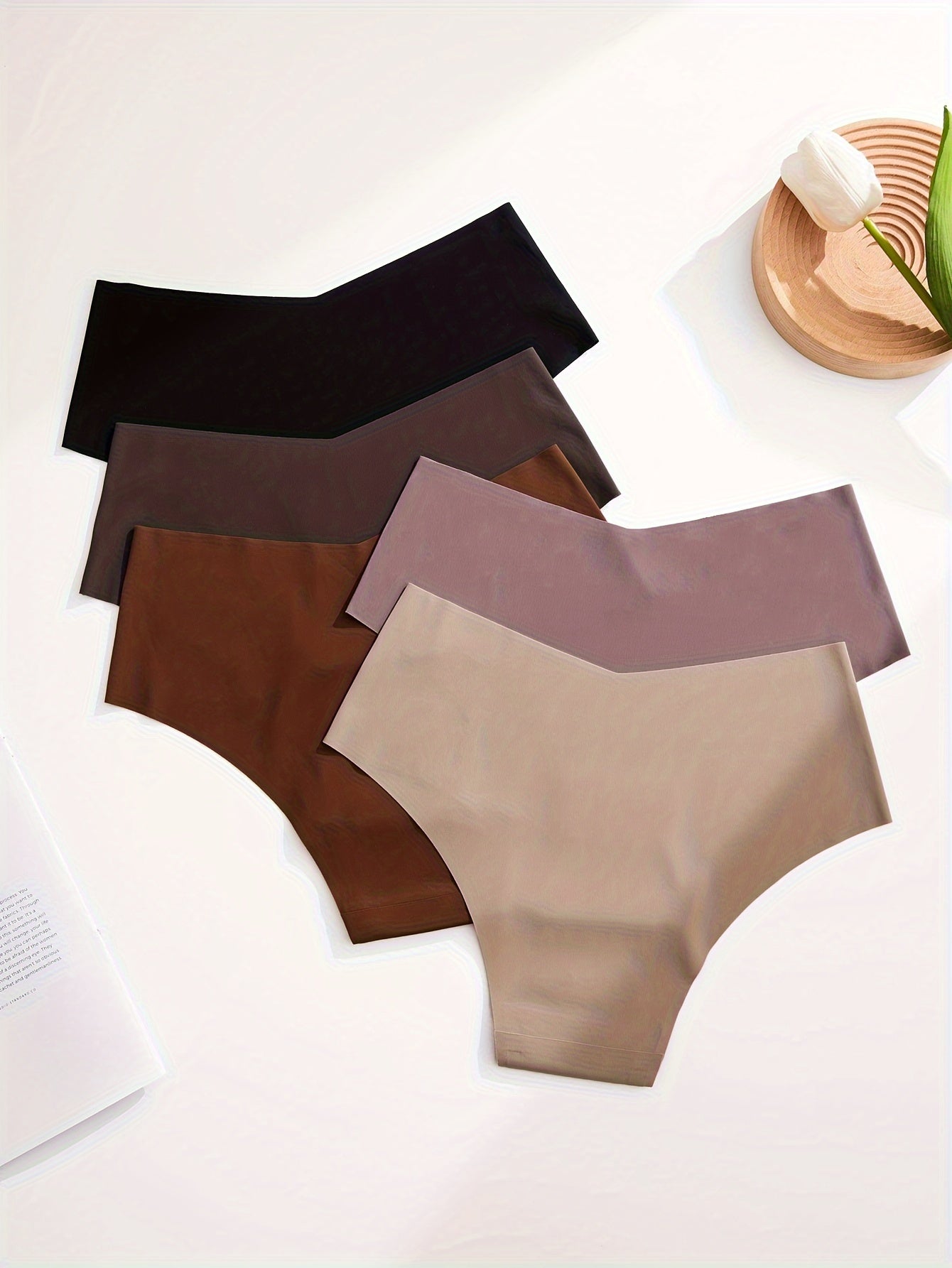 5pcs Women's Seamless Mid-Rise Hipster Panties - Comfortable, Breathable Nylon Blend, Assorted Colors (Brown, Purple, Dark Brown, Light Brown, Beige) | Smooth Finish, Minimalist