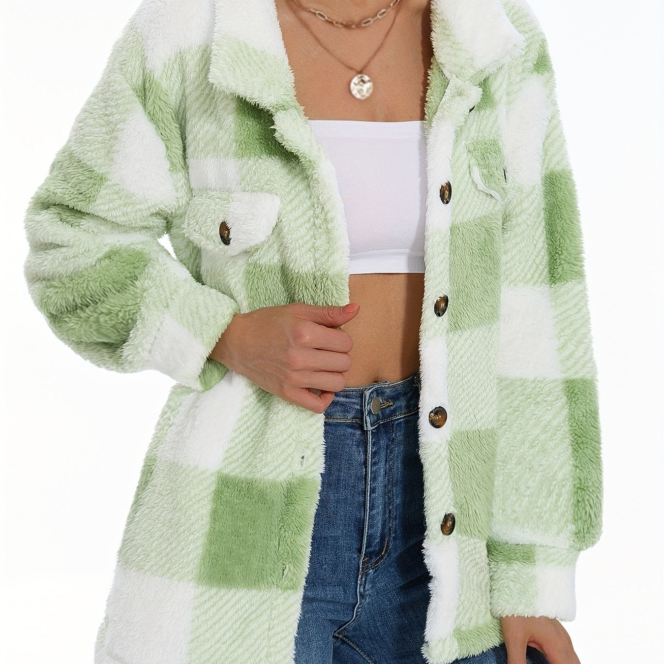 Plaid Pattern Button Front Teddy Coat, Versatile Long Sleeve Winter Thermal Outwear, Women'S Clothing